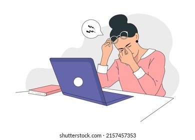 Young girl is working on a Laptop. Tired character. Concept of Eye Health while working at the computer. Flat graphics, vector illustration.	