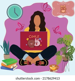 Young girl working on a laptop in a refreshing environment surrounded by plants and butterflies.