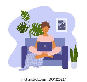 Young girl working online sitting on sofa crossed legs. Female blogger, writer or copywriter occupation. Freelance woman works from home using laptop. Cozy workplace in apartment vector illustration