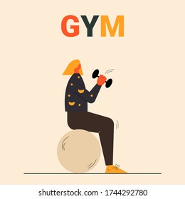 Young girl working out. Female character doing gym exercises. Young woman doing workouts. Healthy lifestyle concept. Cardio exercise. Fitness training concept. Colorful vector flat illustration.