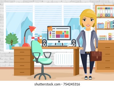 A young girl in the workplace. A girl stands near the desktop. Furniture the office. In flat style. Cartoon.