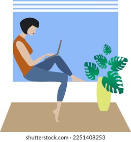 A young girl works on a laptop at home, sitting on a windowsill. On the carpet is a vase with a monstera. Сartoon