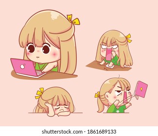 Young Girl works on a notebook with various emotions.cartoon set illustration Premium Vector