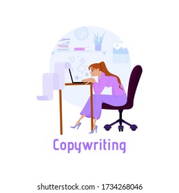 A young girl works remotely, on a laptop, for example, as a copywriter online. Flat design