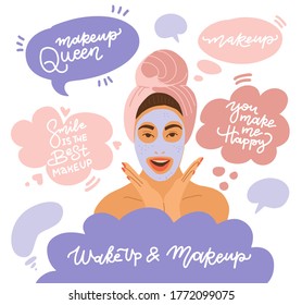 A young girl wrapped in a towel, with a towel on her head, with a cosmetic mask on her face. Makeup queen. Smile is the best makeup. You make me happy. Vector flat illustration