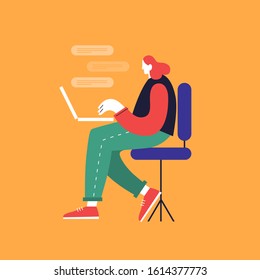 Young girl writes comments in chat vector flat illustration. Woman blogger working on a laptop. Communication online on social networks via the Internet.