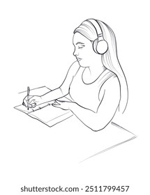 a young girl writes in a notebook with a pen while sitting at a table with headphones illustration
