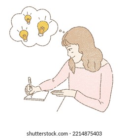 Young girl writing good ideas as light bulbs on paper, planning on book, answering exams. Hand drawn flat cartoon character vector illustration in colored pencil texture.