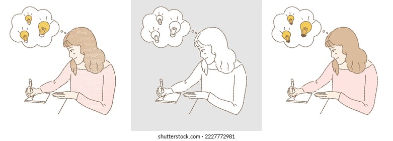 Young girl writing good ideas as light bulbs on paper, planning on book, answering exams. Hand drawn flat vector illustration isolated on colored background.