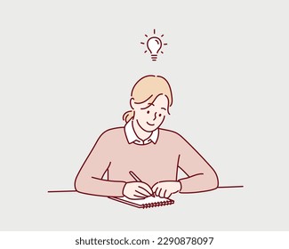 Young girl writing good ideas as light bulbs on paper, planning on book, answering exams. Hand drawn style vector design illustrations.