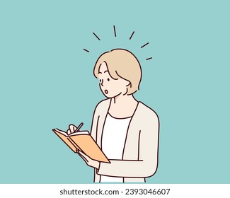 Young girl writing good ideas as light bulbs on paper, planning on book, answering exams. Hand drawn style vector design illustrations.