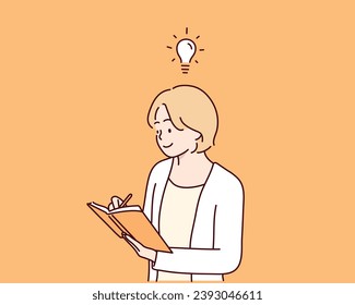 Young girl writing good ideas as light bulbs on paper, planning on book, answering exams. Hand drawn style vector design illustrations.