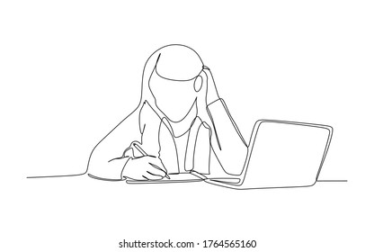 Young girl writing on a book while studying in front of a laptop or notebook. Continuous one line drawing vector illustration