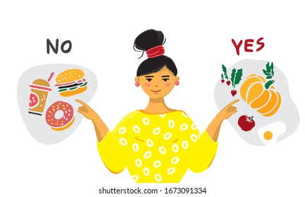 Young girl in a yellow dress points her fingers at healthy and unhealthy food. Concept of proper nutrition, vegetarianism, choice. Banner for courses of willpower, health. Cartoon vector illustration.
