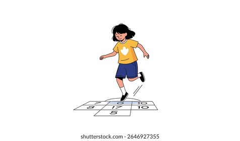 A young girl in a yellow shirt and blue shorts plays hopscotch on a sunny day enjoying outdoor childhood fun