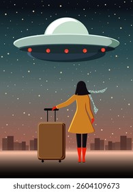 Young girl with a yellow suitcase is waiting for her flight on a spaceship to the planet of dreams. Vector.