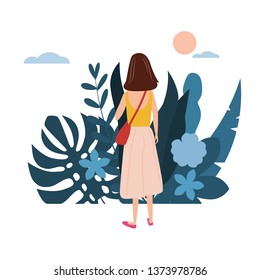 Young girl in a yellow T-shirt goes about his business. Background flora flowers floral leaves. Trend design flat cartoons. Colorful vector illustration isolated