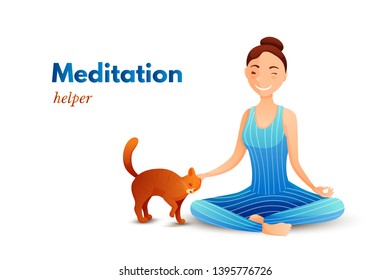 Young girl in yoga lotus pose flat vector illustration. Cat owner cartoon character. Relaxing, balance, meditation process. Domestic animal, pet. Isolated design element. Indoor home training