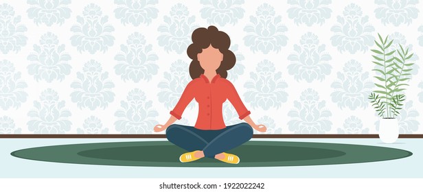 Una joven en una pose de yoga hace meditación, práctica de la atención, disciplina espiritual. Una mujer está sentada de piernas cruzadas en el suelo y meditando. Estilo de caricatura plano. Vector de ilustración.