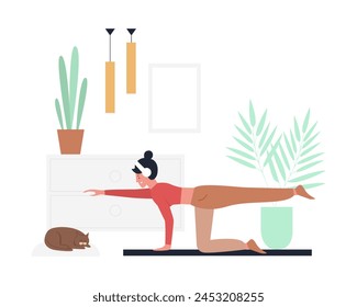Young girl in yoga pose. Home sport, fitness exercising, healthy lifestyle flat vector illustration