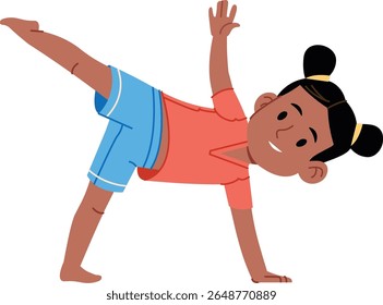 A young girl in a yoga pose with a joyful expression in a cartoon style. The child balances on one hand and foot, showcasing flexibility and playfulness. Cartoon vector illustration.