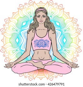 Young girl in yoga pose lotus. Meditation relax pose Mandala zentangle background. Third eye symbol on t-shirt. Vector