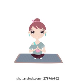 Young girl in a yoga pose on a mat  in a blue t-shirt with a picture of lotus in leggings