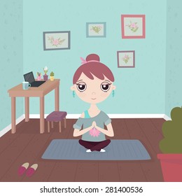 Young girl in a yoga pose on a mat  in a blue t-shirt with a picture of lotus in leggings. It can be used for brochures, flyers, postcard, sporting event.