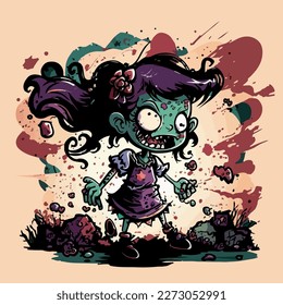 Young girl zombie, halloween. Vector graphics. Illustration for a child. Smiling, cheerful young girl.