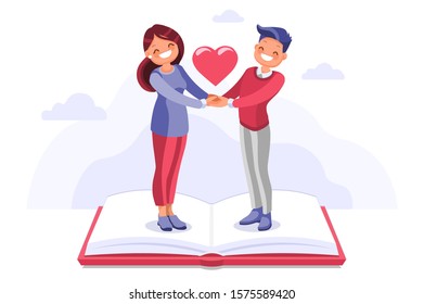 Young girlfriend and romantic relaxing sky. Free time on books, human couple at home, togetherness leisure with love light on a flying person, is her boyfriend. Cartoon flat vector illustration.