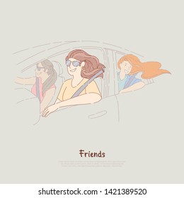Young girlfriends on road trip, happy women ride in car, female friendship, summer journey, adventure banner