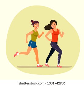 Young girlfriends  run isolated. Vector flat style illustration