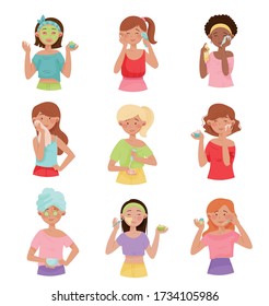 Young Girls Applying Cosmetic Cream, Oil and Facial Mask Vector Illustrations Set