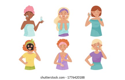 Young Girls Applying Cosmetic Cream, Oil and Facial Mask Vector Illustrations Set