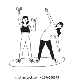 young girls athletes practicing exercise characters vector illustration design