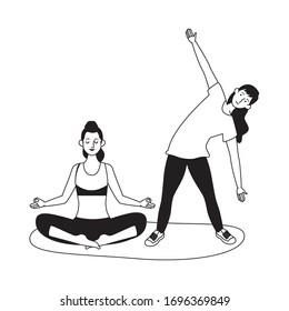 young girls athletes practicing exercise characters vector illustration design