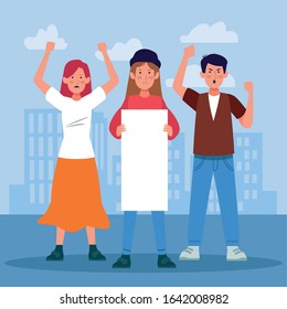 young girls and boy protestating and holding a blank post over urban city landscape background, colorful design, vector illustration