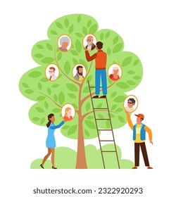 Young girls and boys make up family tree. Man on ladder, woman hold photo. Parent and children portrait. Representation of generations of ancestors. Cartoon flat isolated vector heritage concept