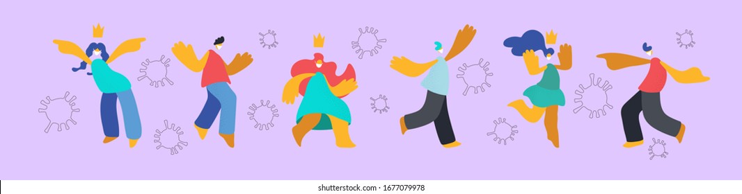 Young girls and boys in medical masks dance, frolic, jump, rejoice, wave their hands in greeting surrounded by viruses. People enjoy quarantine. Illustration in flat minimal cartoon style