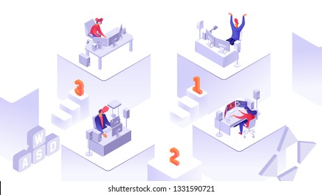 Young girls and boys playing video games. Cyber sport. Vector isometric illustration.