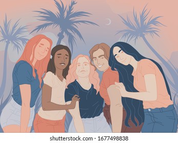 Young girls company has a rest in the evening beach on the summer vacation. Flat vector illustration