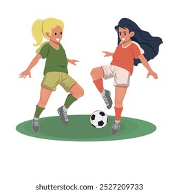 young girls competing in a football match, children playing sport. vector illustration.