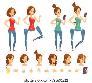 Young girls constructor with various hairstyles and gestures. Separate parts of body. Cartoon style, flat vector illustration.