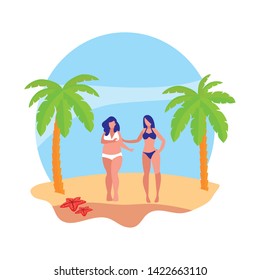 young girls couple on the beach summer scene