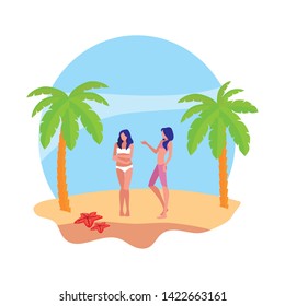 young girls couple on the beach summer scene