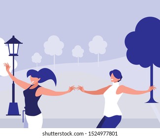 young girls dancing in the park characters vector illustration design