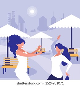 young girls dancing in the park characters vector illustration design