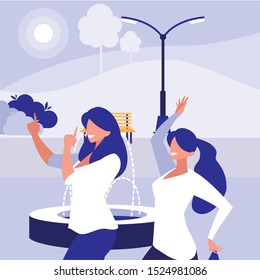 young girls dancing in the park characters vector illustration design