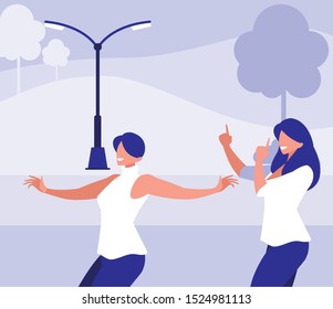 young girls dancing in the park characters vector illustration design