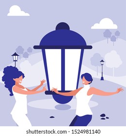 young girls dancing in the park characters vector illustration design